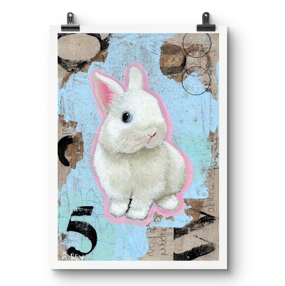 Lucky Bunny Art Print 5x7 – White Rabbit Wall Decor, Modern Animal Art, Unframed - Picture 3 of 4